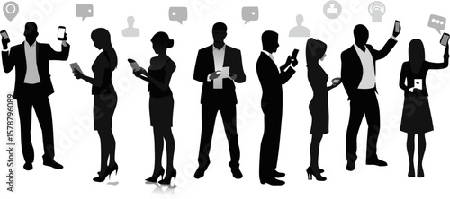 Silhouettes of people using mobile devices with speech bubbles and profile icons above them line up