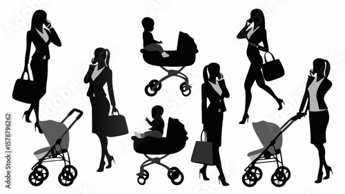 Silhouettes of working mothers with strollers, phones, and bags in a monochrome arrangement view