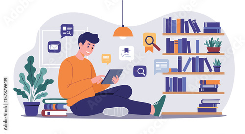  Young man reading on tablet in modern library with bookshelves