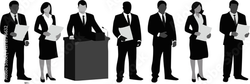 Silhouetted figures of professionals present a formal and businesslike appearance in monochrome style