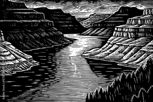 Lake Powell, a reservoir with desert cliffs and winding canyons in the southwestern USA, depicted in dramatic black and white line art illustration for outdoor exploration and adventure theme