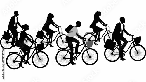 Silhouetted business people commuting on bicycles with briefcases and baskets in a row formation