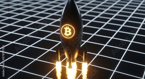 Bitcoin Rocket Launch with Glowing Flame on Abstract Grid Background