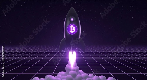 Bitcoin Rocket Launch with Glowing Flame on Abstract Grid Background