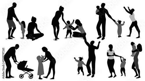 Silhouettes of families engaging in various activities with their children on a white background