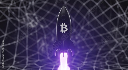 Bitcoin Rocket Launch with Glowing Flame on Abstract Grid Background