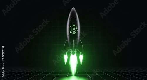 Bitcoin Rocket Launch with Glowing Flame on Abstract Grid Background