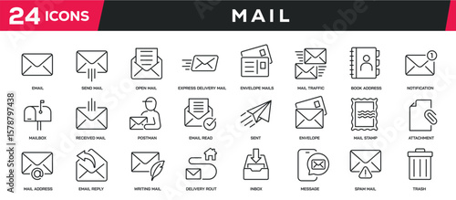 Set of collection line icons related mail, email, letter. Editable stroke. Perfect pixel on transparent background