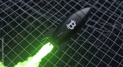 Bitcoin Rocket Launch with Glowing Flame on Abstract Grid Background