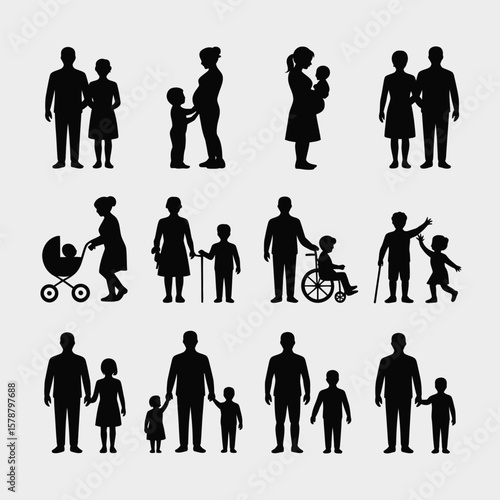 Fifteen Black Silhouettes Depicting Diverse Family Units Including Parents Children Infants Pregnant Women and a Person in a Wheelchair