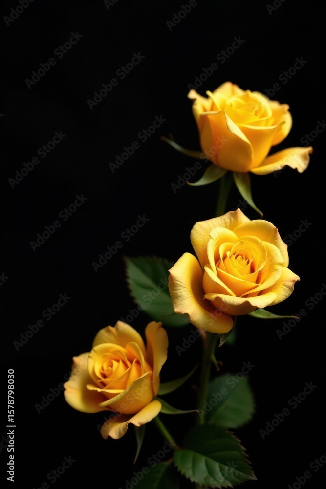 Fototapeta premium Golden roses dramatically arranged against a deep black background , golden roses, sophisticated