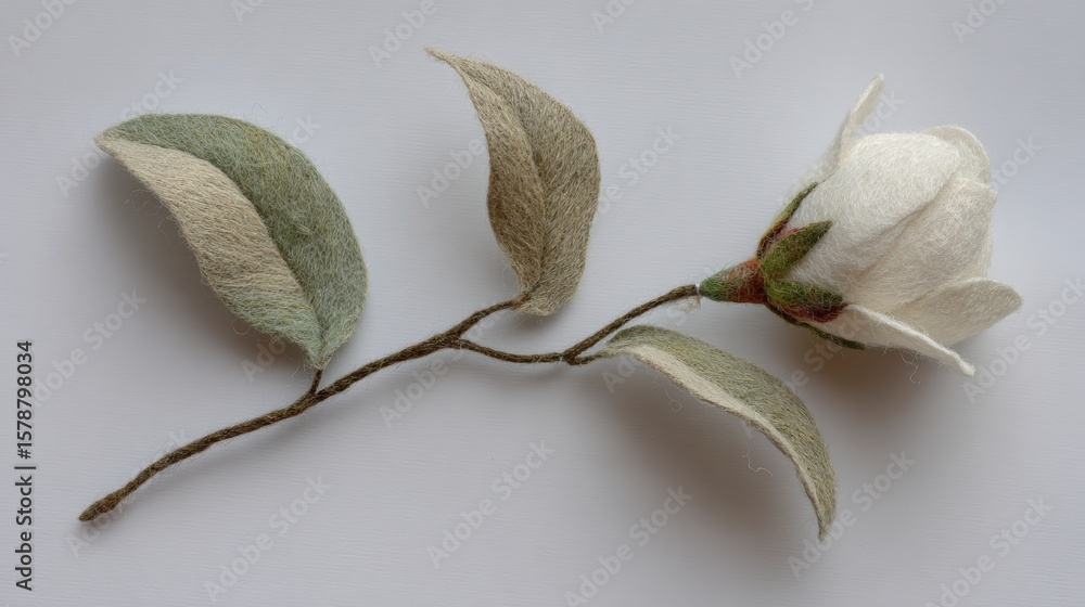 Obraz premium A delicate, handmade wool felt flower and leaves on a white background, showcasing intricate craftsmanship and natural beauty.
