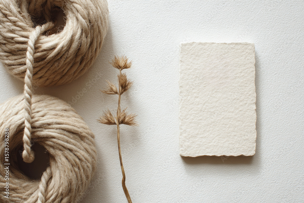 Fototapeta premium Natural fiber twine, dried grass, and textured paper card on white background create minimalist stationery flat lay with calm, organic, and neutral aesthetic