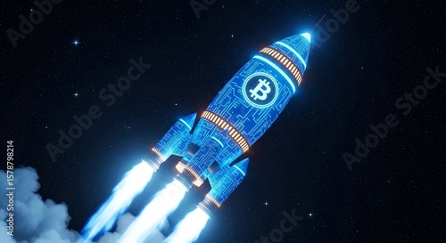 Bitcoin Rocket Launch with Glowing Flame on Abstract Grid Background