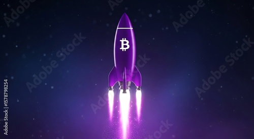 Bitcoin Rocket Launch with Glowing Flame on Abstract Grid Background