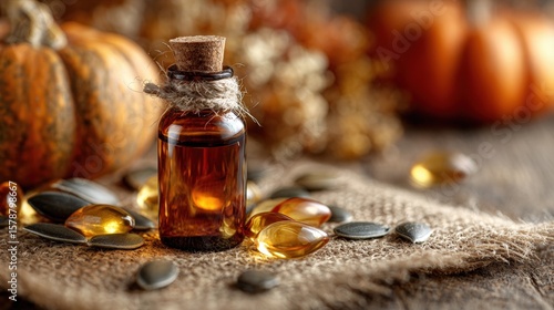Wallpaper Mural A small glass bottle with a cork stopper sits on burlap, surrounded by pumpkin seeds and capsules, with pumpkins in the blurred background. Torontodigital.ca