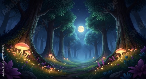 A magical forest scene at night with glowing mushrooms, flowers, and a full moon illuminating the trees.