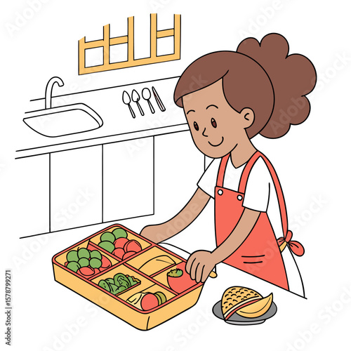 Illustration of a girl packing a lunchbox with fruits and vegetables in a kitchen setting at home