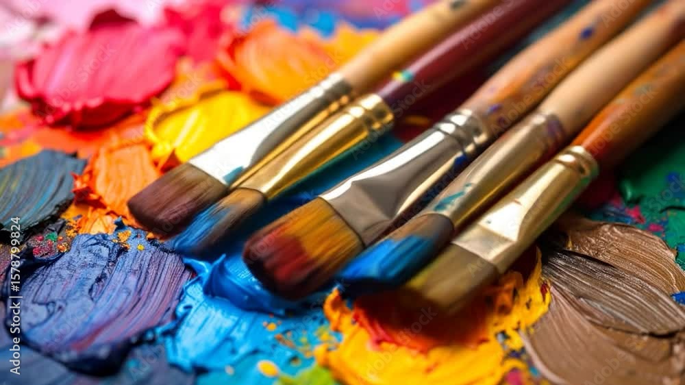Close-up on palette with diverse paints and brushes, vibrant colors Close-up on palette with diverse paints and brushes, vibrant colors