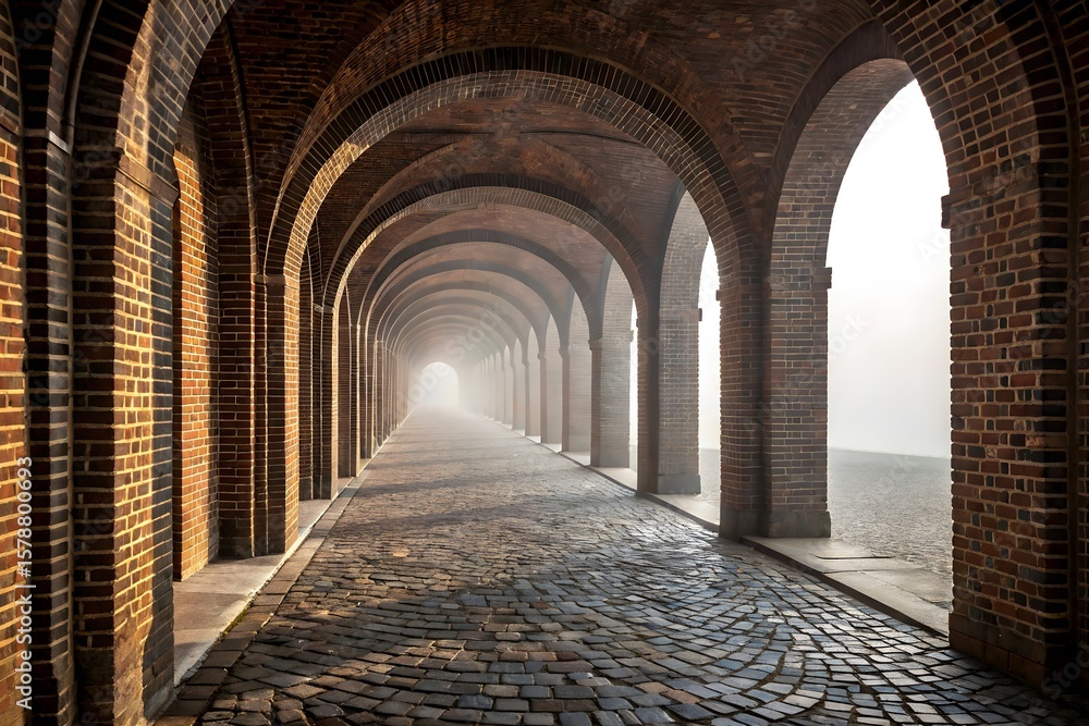 Fototapeta premium Foggy Brick Vaulted Corridor with Receding Arches