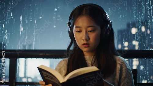Young person reading a book while wearing headphones on a rainy night