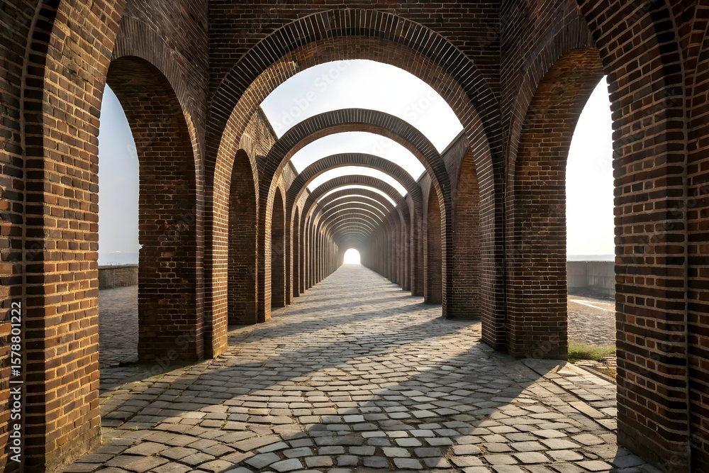 Fototapeta premium Sunlit Brick Arch Corridor with Repeating Vaults