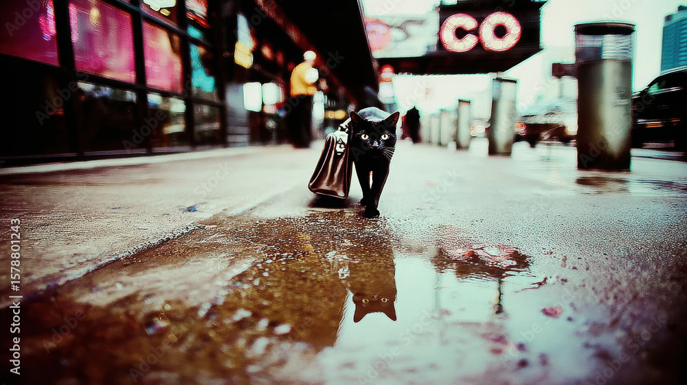 Moody editorial style image of cat walking with bag on wet street, reflecting in puddle. urban setting adds unique charm to this captivating scene Moody editorial style image of cat walking with bag on wet street, reflecting in puddle. urban setting adds unique charm to this captivating scene