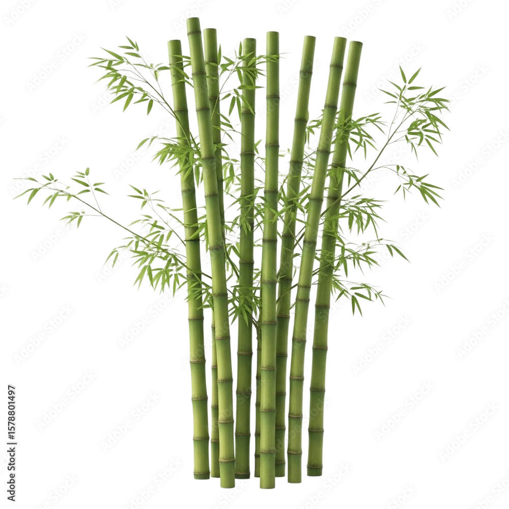 Obraz premium Cluster of green bamboo stalks with delicate leaves isolated on transparent background