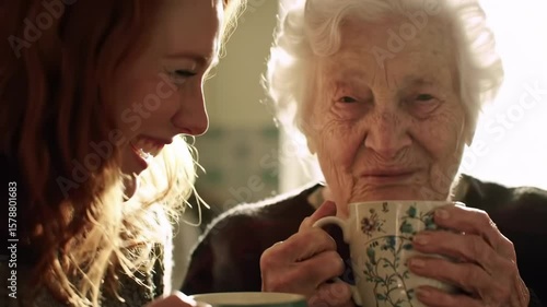 Young woman and elderly woman sharing a warm drink
