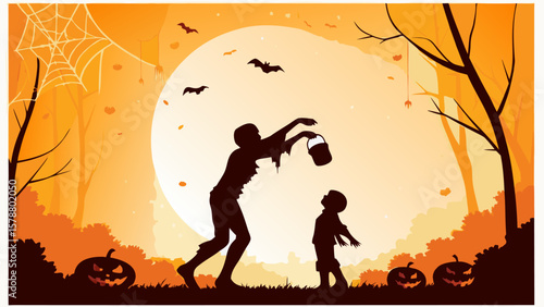 Black vector silhouette of a loving couple and child under a tree at sunset