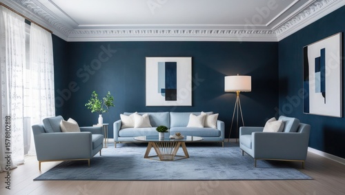 Elegant living room with blue walls, light blue furniture, abstract art, and natural light from large windows.