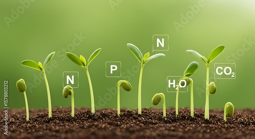 Close-up shot of several tiny green shoots emerging from fertile brown earth.  overlays of chemical symbols  N, P, K, H2O, CO2 are positioned near the corresponding elements vital for plant life 2