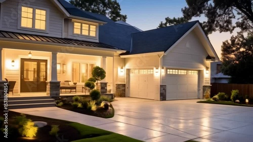 Exterior of a large two-story family home with front porch and garage in the suburbs at twilight with landscaping