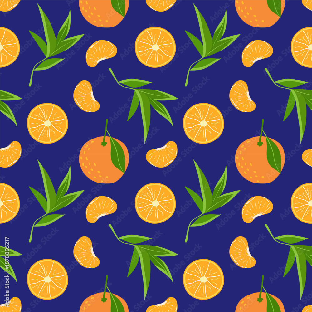 Obraz premium Vector seamless pattern with tangerines, leaves, mandarin slices. Citrus tropical pattern on a dark blue background