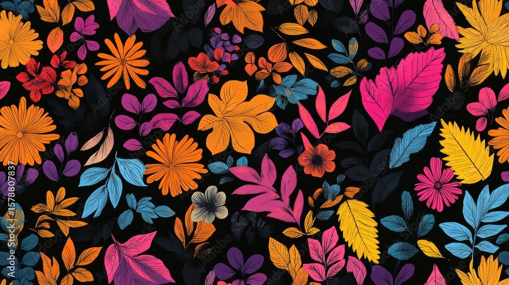 The stock photo shows a seamless texture of intricately drawn leaves and flowers. The stock photo shows a seamless texture of intricately drawn leaves and flowers.