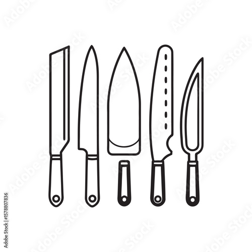 Culinary Precision: An artistic outline of an assortment of meticulously crafted knives, a minimalist illustration designed to highlight the essence of culinary tools.
