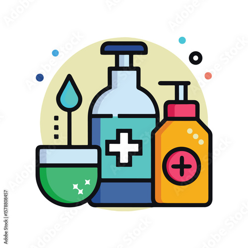 Health Essentials: A colorful illustration showcases a selection of vital health items. Featuring a sanitizer bottle, a soap dispenser, and other medical equipment.