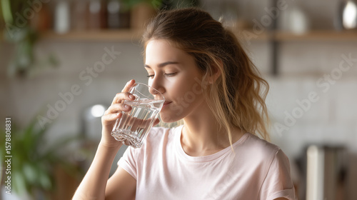 朝の自然光に包まれながら水を飲む女性のナチュラルな姿。健康や美容、生活習慣の提案に適したライフスタイル素材。
