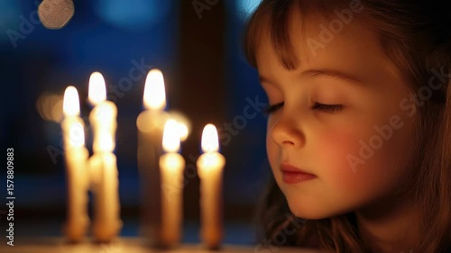 Wallpaper Mural Little girl looking at lit candles, reflective eyes, Christmas, family tradition, peaceful atmosphere, home celebration. Torontodigital.ca