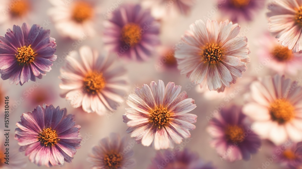 A dreamy, blurred perspective of pink and purple flowers with yellow centers, creating a soft and serene floral pattern. A dreamy, blurred perspective of pink and purple flowers with yellow centers, creating a soft and serene floral pattern.
