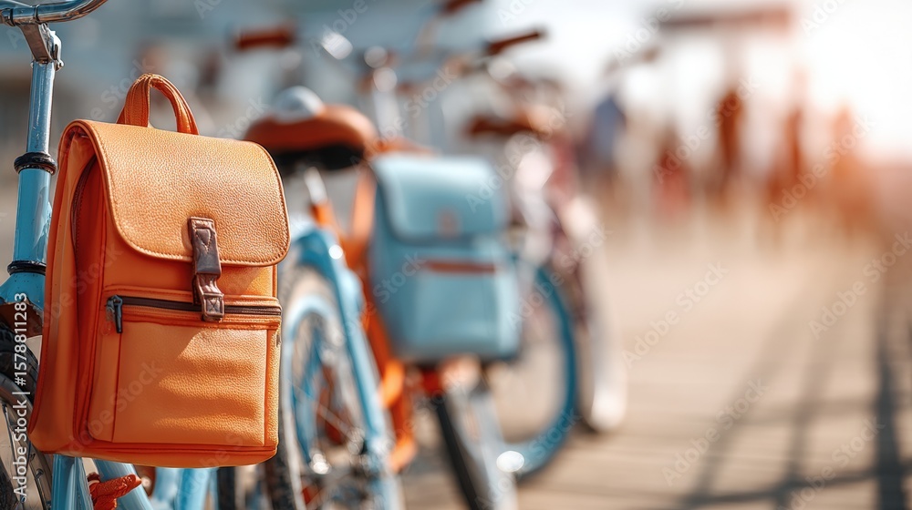 Obraz premium Orange backpack on a blue bicycle with blurred background of similar bikes and people in sunlight.