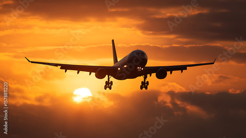 Airplane Landing at Sunset Golden Hour Flight Arrival