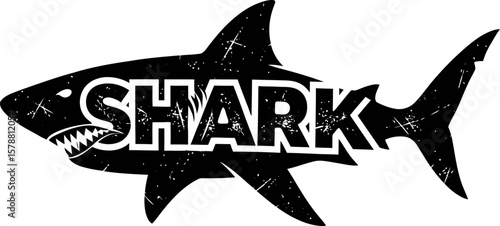 A black and white graphic of a shark with the word shark written across the body of the animal