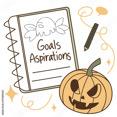 Cute halloween themed notebook with the words goals aspirations written on it next to a jack o lantern and a pencil