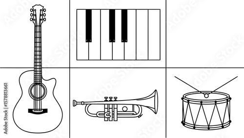 A collection of musical instruments including a guitar piano trumpet and drum in a grid format