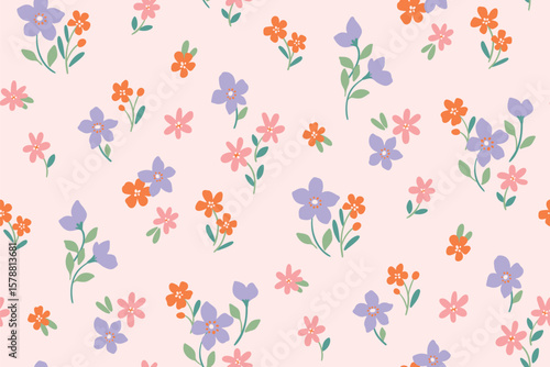 Seamless floral pattern, liberty ditsy print of gentle hand drawn plants in pastel colors. Cute botanical textile design of small daisy flowers, tiny leaves, pretty blooming field. Vector illustration