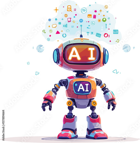 Cartoon artificial intelligence robot with data cloud and modern technology icons.