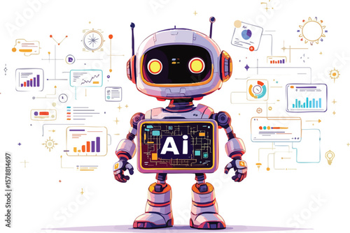 Cartoon robot with ai display analyzing data and modern technology concepts.