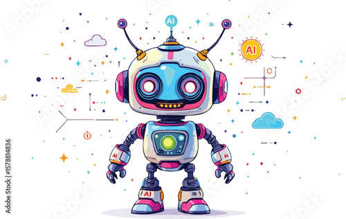 Cute and friendly robot character illustration with ai integration and futuristic technology elements.