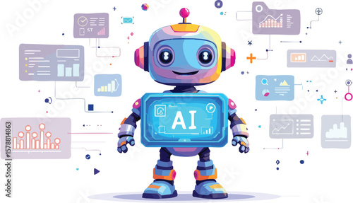 Wallpaper Mural Cute cartoon robot displaying artificial intelligence concept with charts and data analysis elements. Torontodigital.ca
